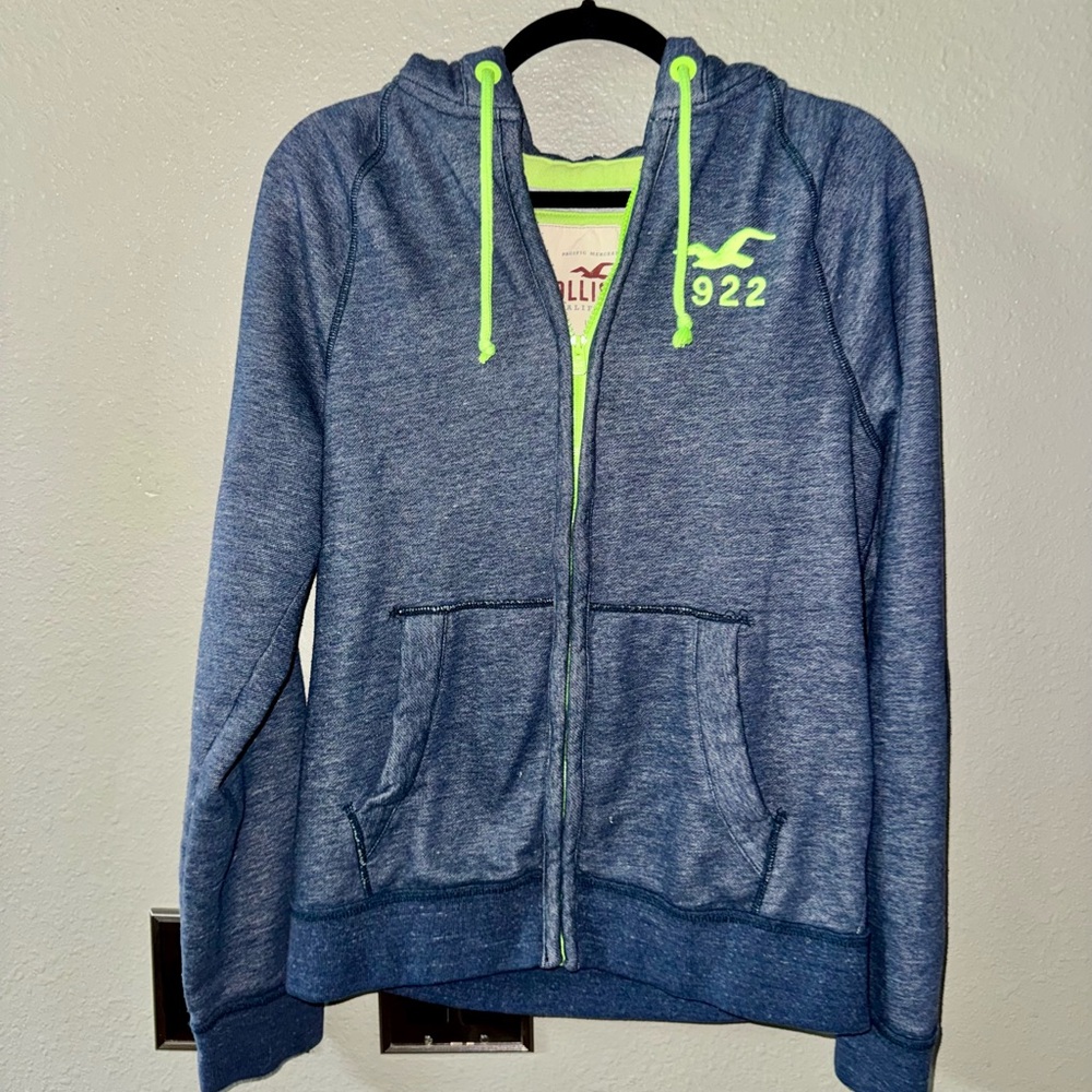 Men’s Large Hollister Zip-Up Hoodie Gray Blue Neon Green Logo Sweatshirt